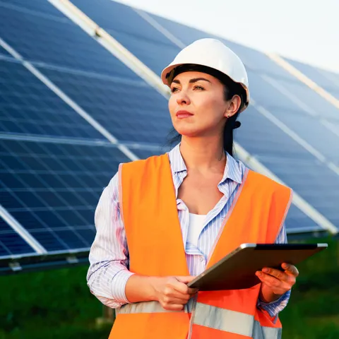 Energietechnik und Management Frau steht mit Tablet vor Fotovoltaik | WINGS-Fernstudium